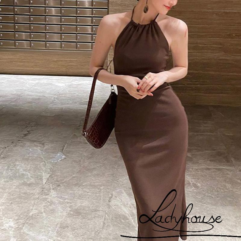 LDD-Women´s Summer Midi Skinny Dress Solid Color Sleeveless Hanging Neck Bodycon Dress