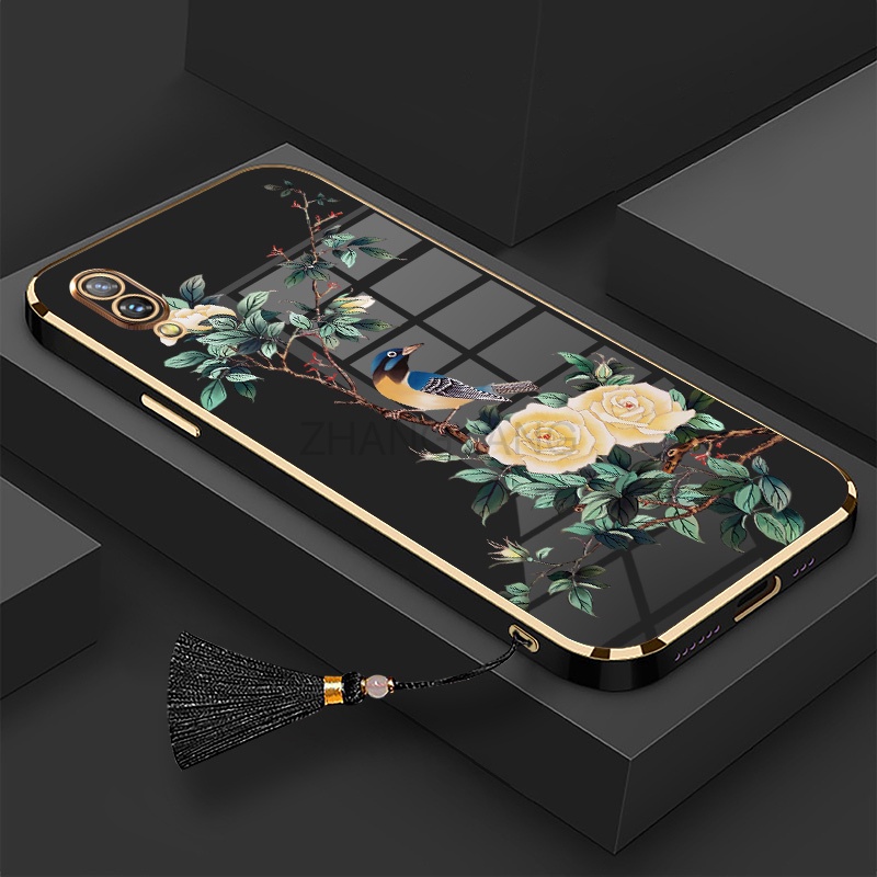 ốp lưng vivo y91 y91c y1s y93 y95 Vỏ điện thoại di động TPU hoa văn chim và hoa được mạ điện có dây buộc tua
