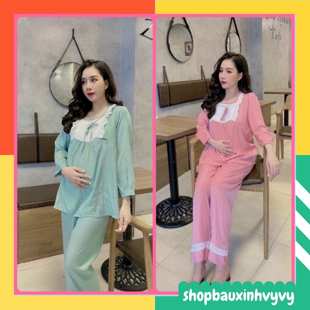 (siêu xinh) Bộ đồ bầu sau sinh Cổ Viền Trắng Vuông, chất đũi mát thoáng, trẻ trung, năng động