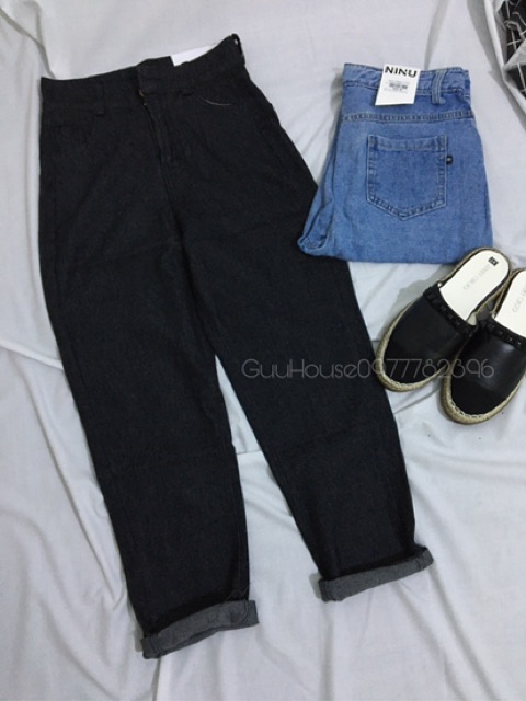 Quần jeans nữ baggy màu đen cạp cao may gấu hàng đủ size