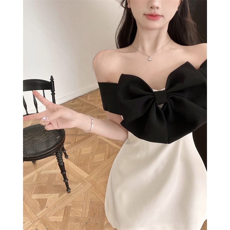 Đầm Váy Thiết Kế Trễ Vai Màu Kết Hợp Đen Trắng Chữ A Có Nơ Trước Ngực Phong Cách Hàn Quốc Phù Hợp Đi Tiệc Cưới Du Lịch | BigBuy360 - bigbuy360.vn