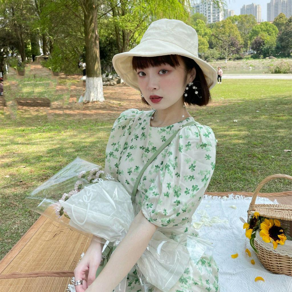 Đầm dài qua gối tay phồng nhấn eo màu xanh bạc hà thời trang mùa hè dành cho nữ