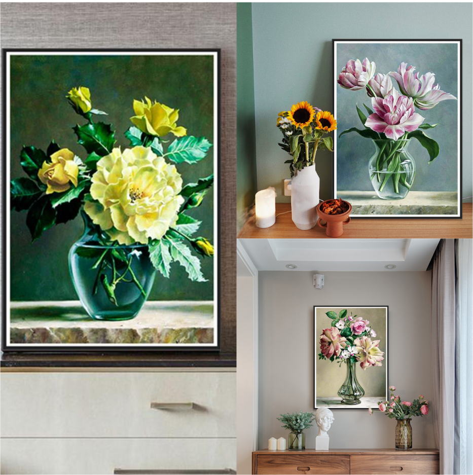 Bộ tranh đính đá 5D họa tiết bình hoa độc đáo kích thước 30x40cm DIY dùng trang trí