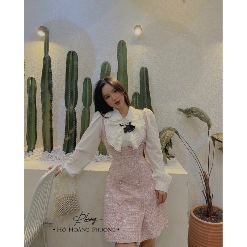 ĐẦM CARO NÚT NGỌC PHỐI CỔ BÈO REN TRẮNG (KÈM TAG HOA) | BigBuy360 - bigbuy360.vn