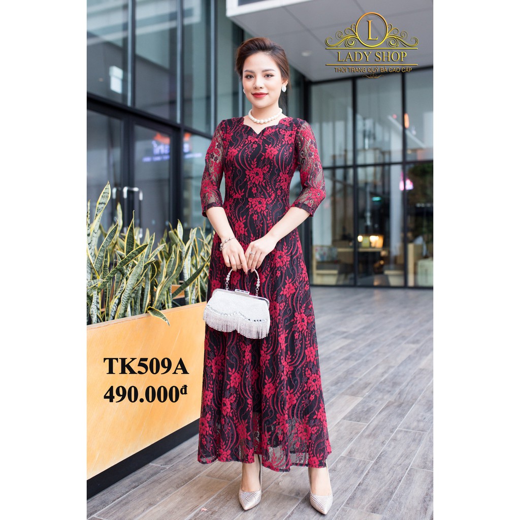 Thời trang trung niên - Đầm quý bà cao cấp - Ladyshop - Đầm maxi ren hoa cổ hoa TK509