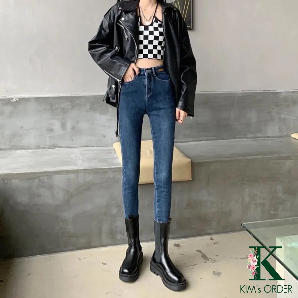 Quần jean nữ màu xanh đen skinny ống côn dài cạp lưng cao tôn dáng chất co dãn loại 1 style Hàn Quốc cá tính sành điệu