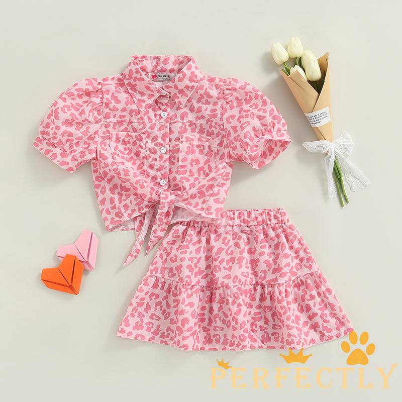 Set áo croptop tay ngắn họa tiết da báo + chân váy lưng thun thời trang cho bé gái