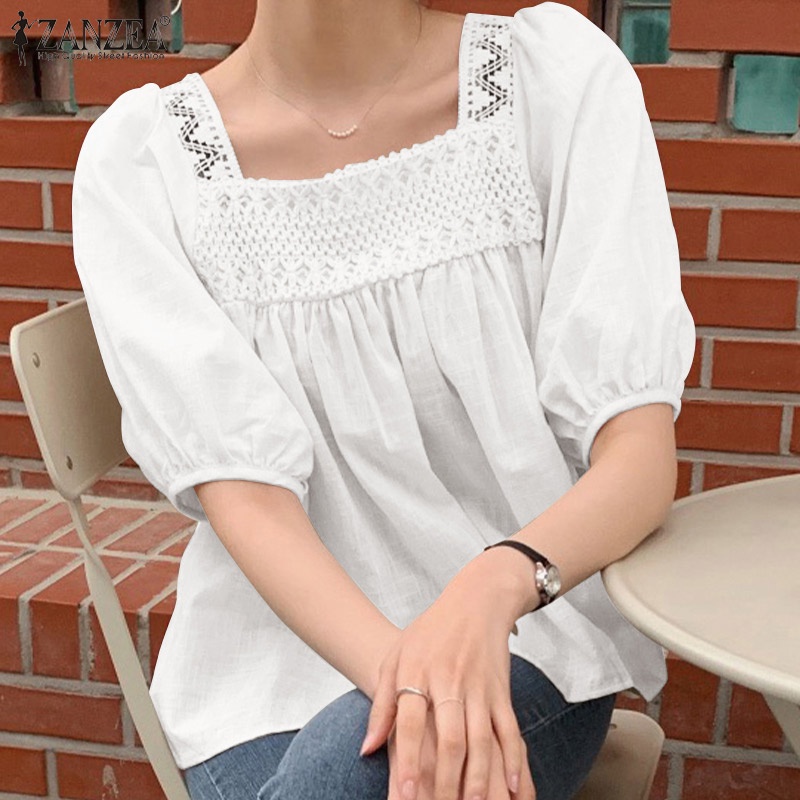 Zanzea Áo Kiểu Tay Phồng Cổ Vuông Xếp Ly Thời Trang Hàn Quốc Dành Cho Nữ