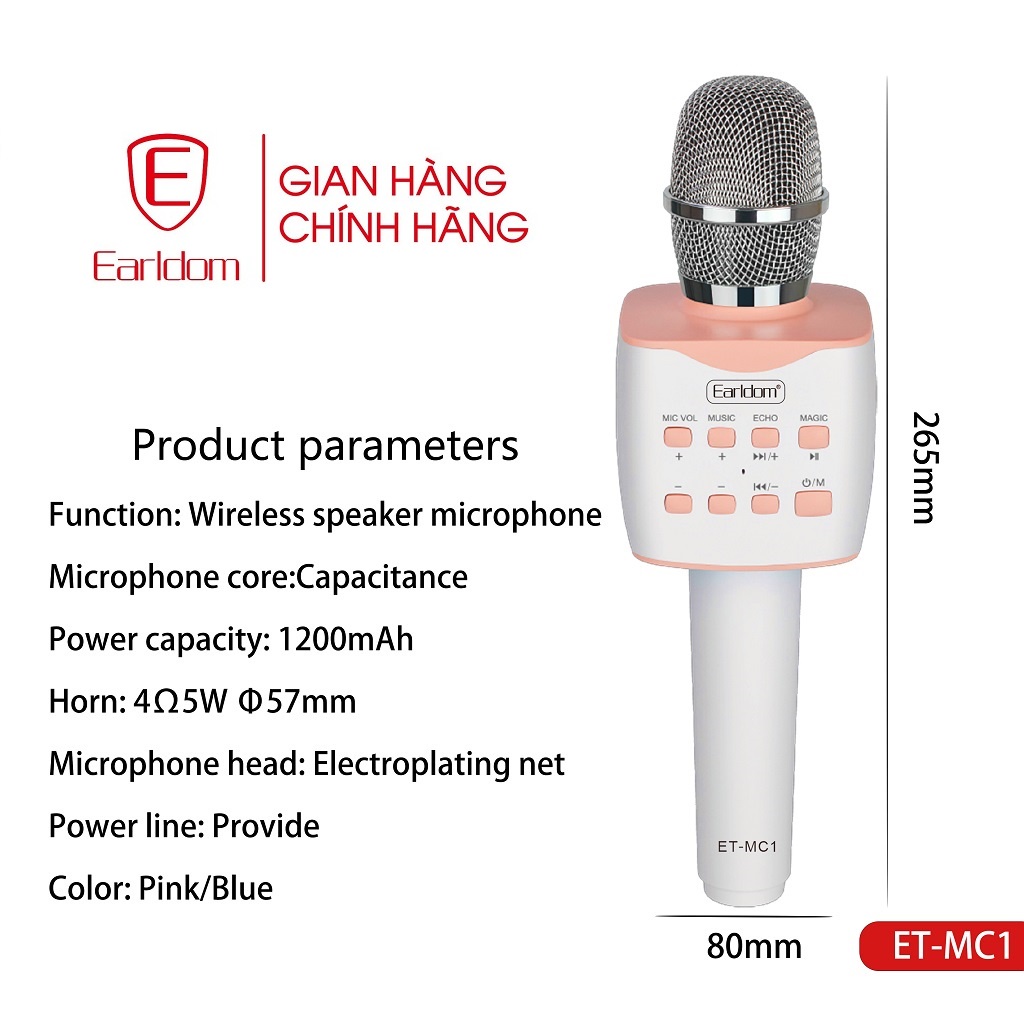 Mic Karaoke Không Dây Earldom MC1 Công Nghệ Loa Kép Cho Âm Thanh Chi Tiết, Pin Sử Dụng 4-6 Giờ