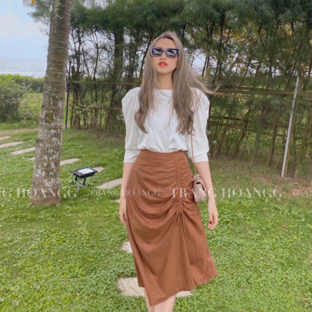 SET ÁO SƠ MI TRẮNG ĐŨI MIX CHÂN VÁY NÂU RÚT DÂY CHO NỮ - ÁO ĐŨI TRẮNG ULZZANG