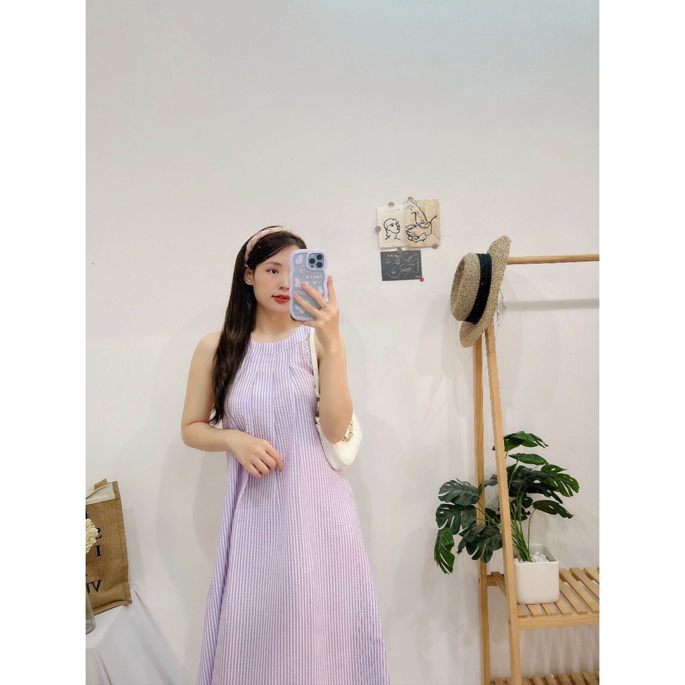 Đầm cổ yếm suông form rộng, Váy dáng suông sọc Cao Cấp chất vải mát mẻ, nữ tính quyến rũ - MiNhi