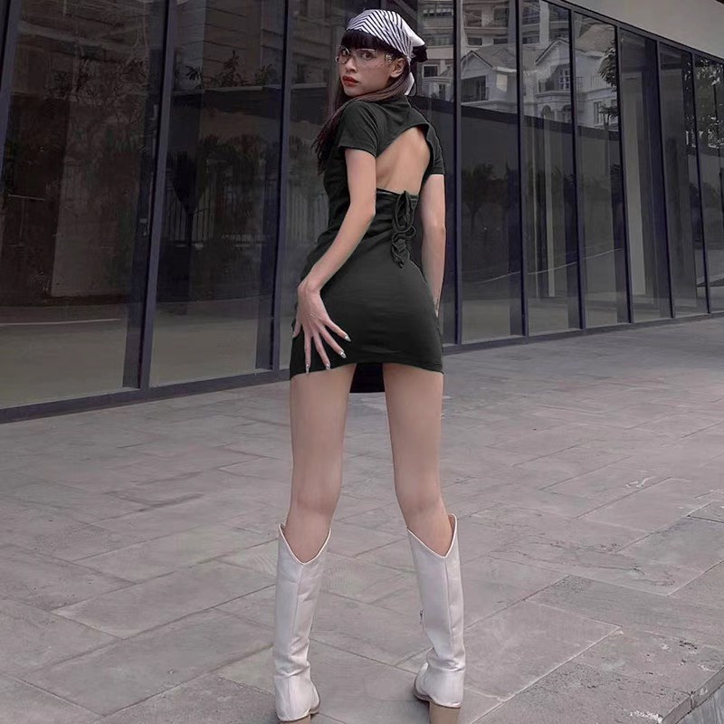 Đầm Body Nữ Tay Ngắn, Hở Lưng Cột Dây - Tharo Clothing