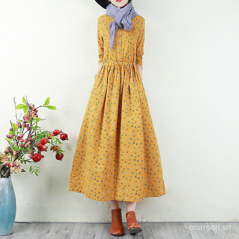 Đầm cotton lanh dáng dài in họa tiết hoa lá phong cách retro thời trang mùa thu cho nữ