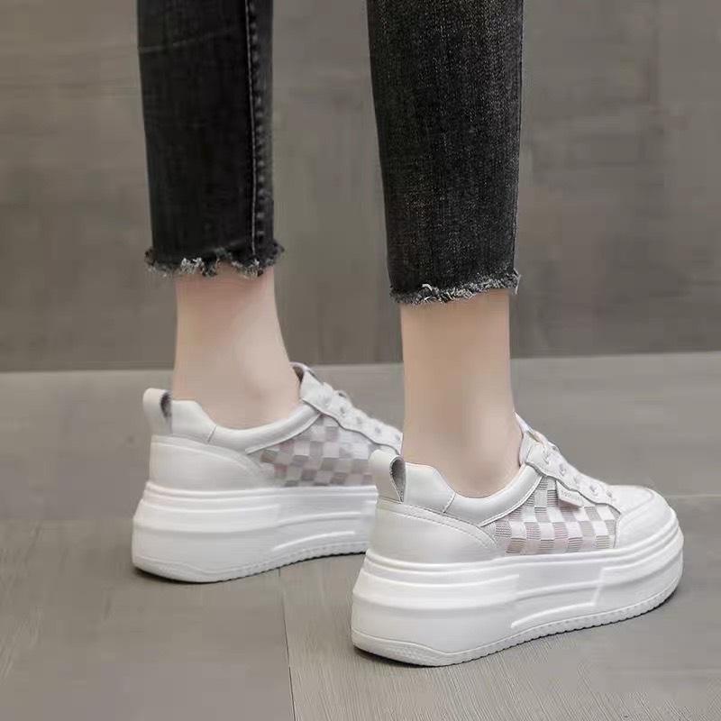Giày thể thao nữ G176 trắng viền kẻ ô da mềm đế độn cao 4 cm phong cách ulzzang hàn quốc trẻ trung dễ phối đồ