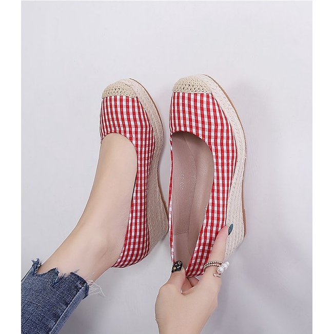 Giày cao gót đế xuồng bọc cói 7cm, họa tiết caro thời trang