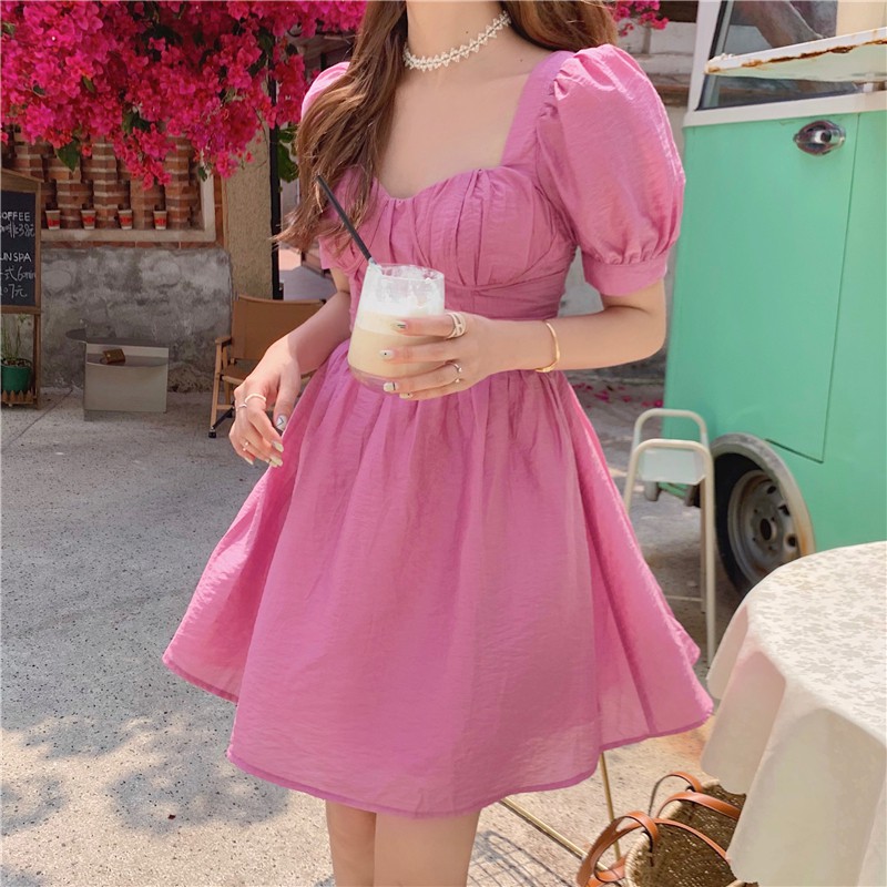 Váy tay phồng màu hồng khói Hàn Quốc
