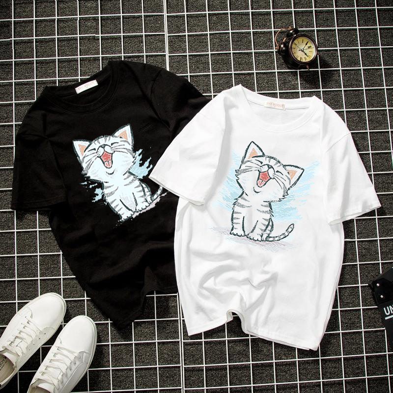 Áo thun unisex mèo dễ thương form rộng vải dày mịn 2019T1240