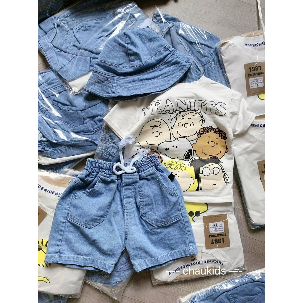Bộ Quần Áo Cho Bé Trai, Bé Gái Cotton Quần Jeans Họa Tiết PEANUTS Dễ Thương, Đồ Bộ Cho Bé Mặc Đi Chơi Đi Học CK344