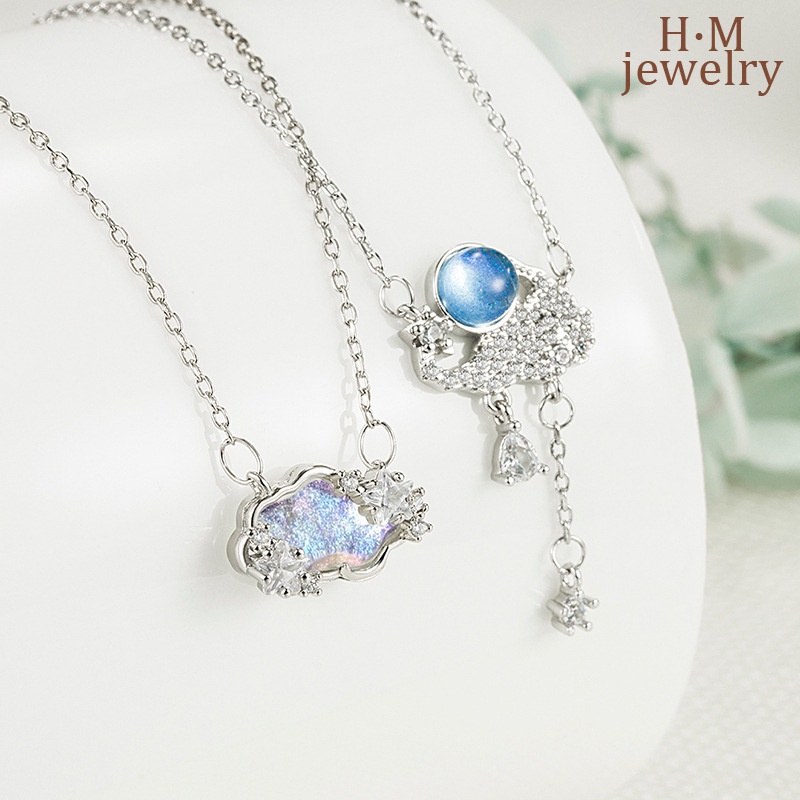 Vòng cổ Bạc S925 Mặt Kính Hình Đám Mây Mưa Nhiều Màu Sắc Thời Trang