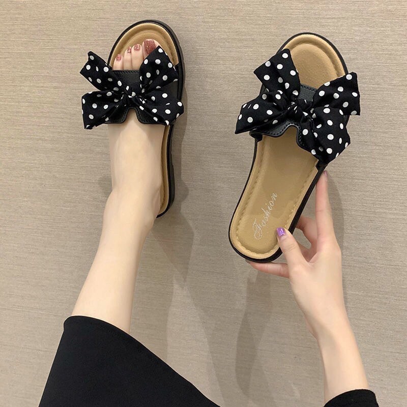 Dép Thời Trang Thắp Nơ Chấm Bi Xinh Xắn, dép đi biển, DéP lê quai ngang - LinhTinhShop