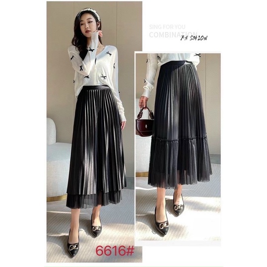 #8882 Chân váy xếp ly dáng dài lót bóng mặc 2 mặt