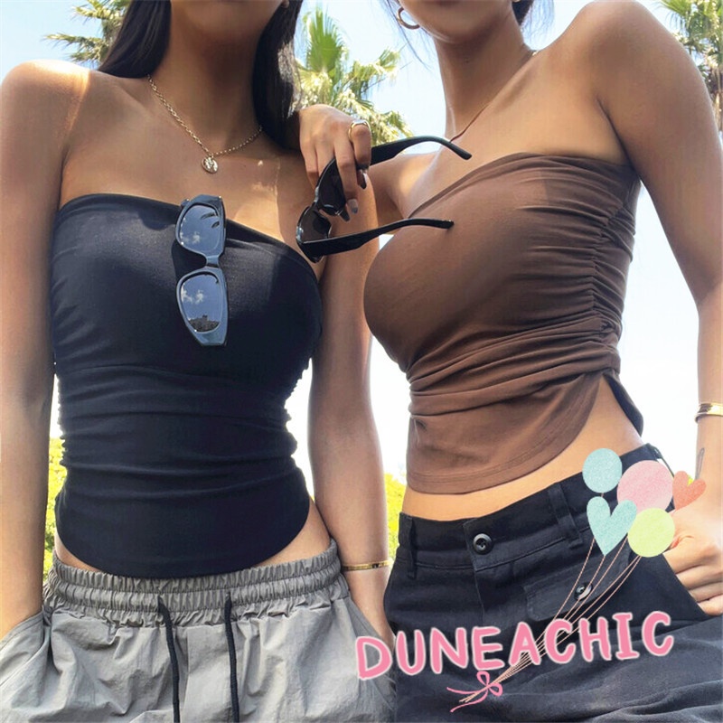 DUNEA Áo Ống Màu Trơn Thiết Kế Xẻ Tà Phong Cách Đường Phố Cá Tính Cho Nữ