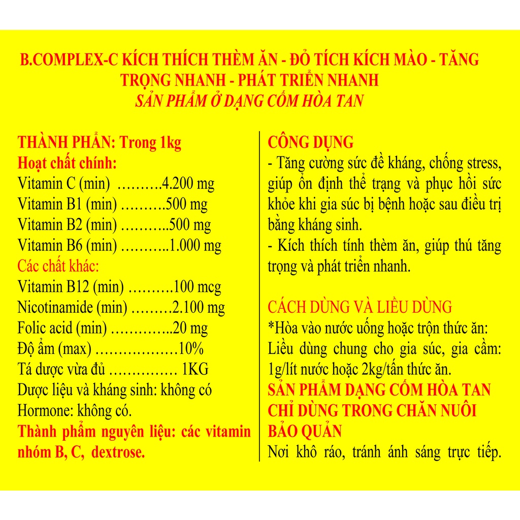 1 kg B.complex-C kích thích thèm ăn - Đỏ tích kích mào. tăng trọng nhanh phát triển nhanh (tốt cho gà đá và chim)