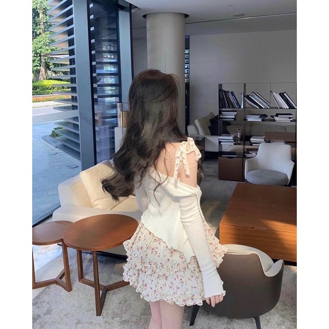 SET ĐẦM HOA 2 DÂY TẦNG KÈM KHOÁC CROP TRẮNG  🌼 | BigBuy360 - bigbuy360.vn