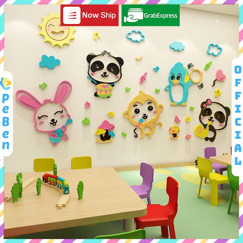 Tranh dán tường mica 3d decor khổ lớn bữa tiệc âm nhạc trang trí mầm non, phòng cho bé Nhiều Size - EPeBen