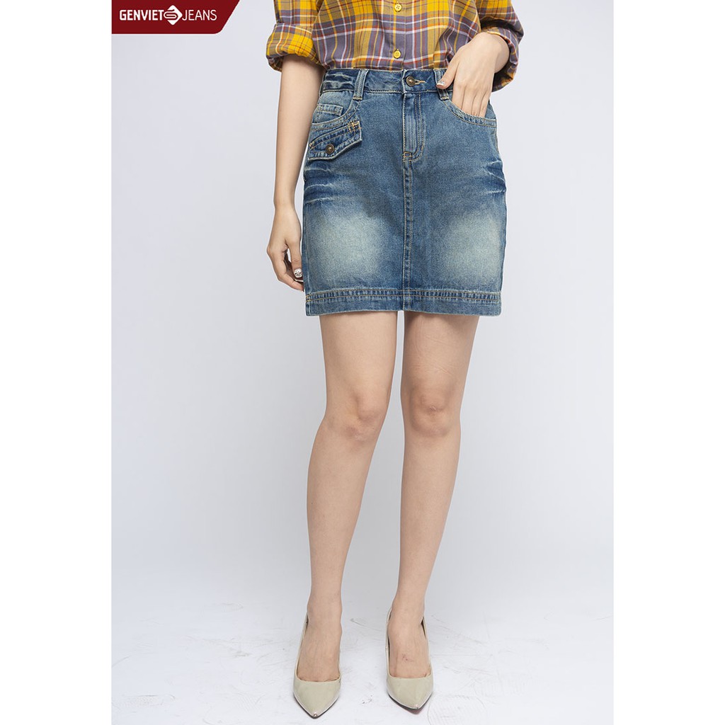 Chân Váy Jeans Nữ Phối Túi Bên GENVIET Phối Loang Chất Bò Mềm Cao Cấp XJ328J1238