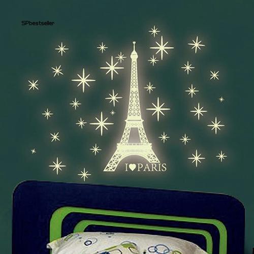 Hình dán tường dạ quang thiết kế tháp Eiffel I love Paris và ngôi sao 3D trang trí đẹp mắt