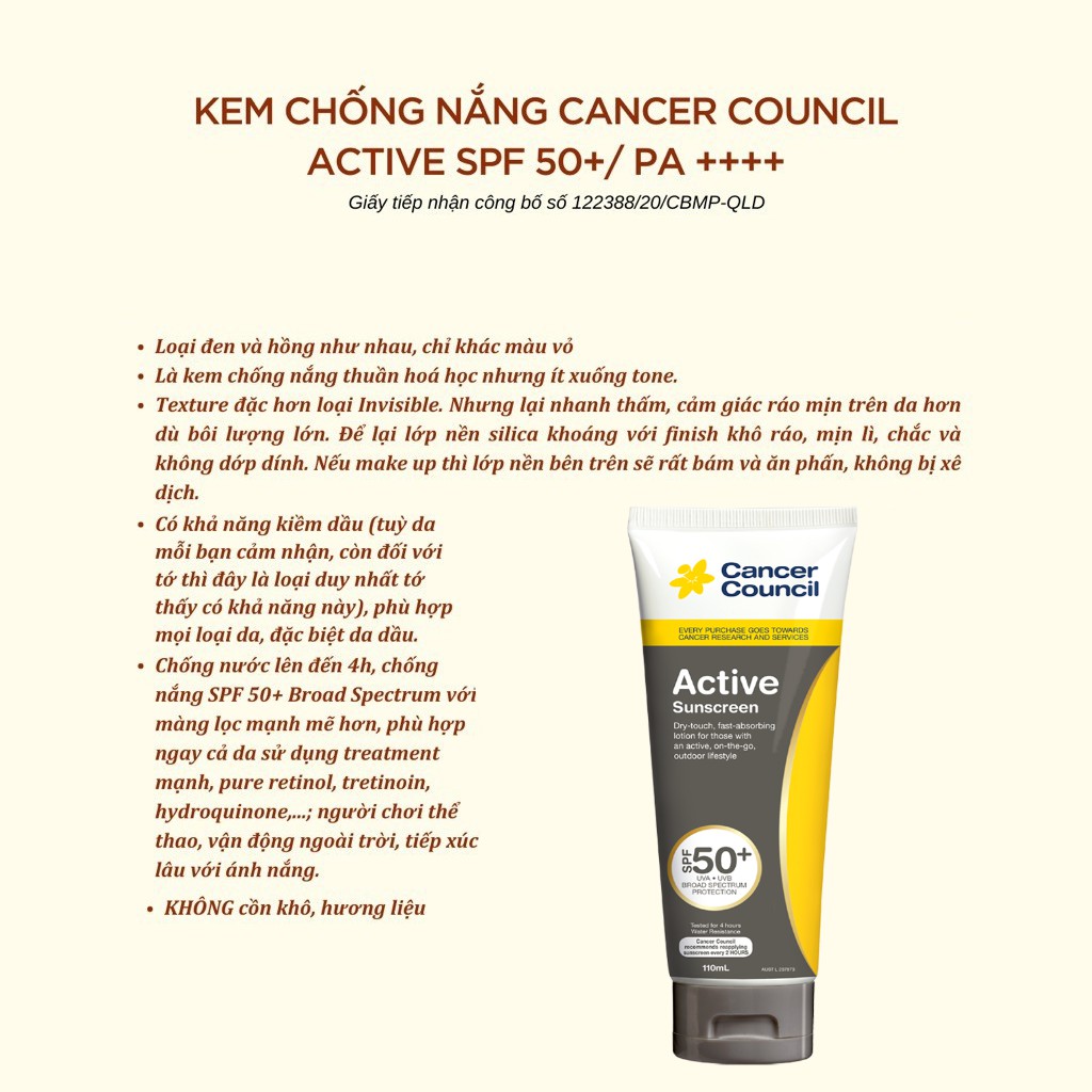 CANCER COUNCIL Kem Chống Nắng Active Grey Sunscreen SPF 50+/PA++++ UVA-UVB năng động 110ml