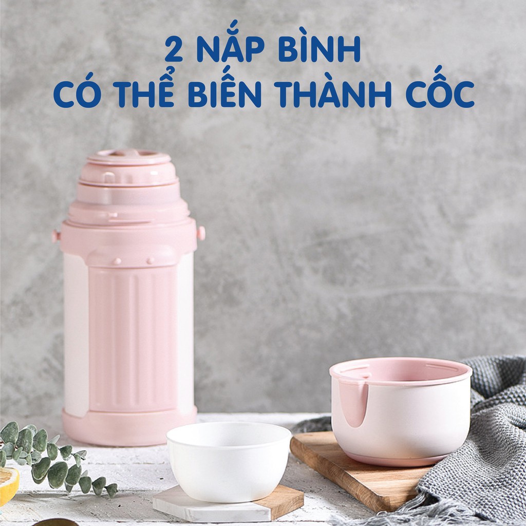 Bình ủ cháo giữ nhiệt nóng lạnh Doux màu hồng trữ thức ăn dặm cho bé (tặng kèm dây đeo tiện lợi)