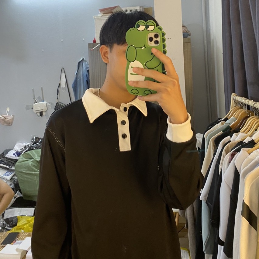Áo Polo Dài Tay Basic Chỉ Nổi Form Rộng, Áo Sweater Cổ Bẻ 3 Cúc Chất Cotton Dày Dặn