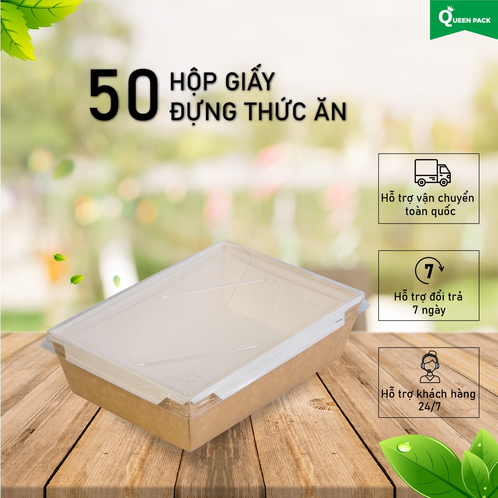 SET 50 chiếc Hộp giấy đựng thức ăn kèm NẮP TRONG, đựng thực phẩm, bún, đồ xiên, cơm tiện dụng