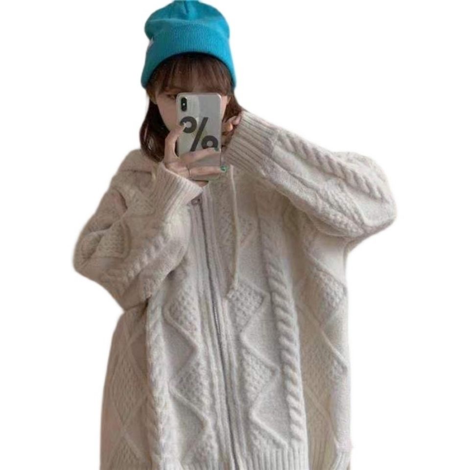 Áo Khoác cardigan Dệt Kim Dày Có Mũ Trùm Viền Viền Tươi Mới Thời Trang Hàn Quốc Dễ Phối Đồ Cho Nữ