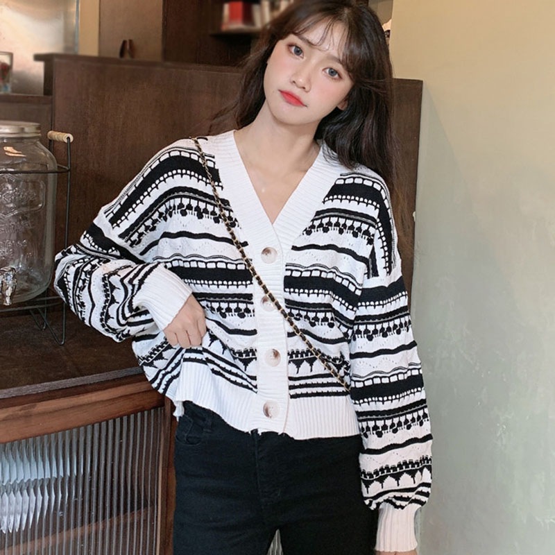 Áo Khoác Cardigan Dệt Kim Hoạ Tiết Kẻ Sọc Thiết Kế Cổ Chữ V