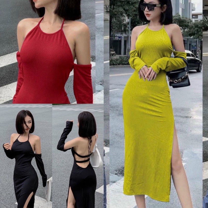 Đầm body xốp mịn cột cổ hở lưng có mút ngực