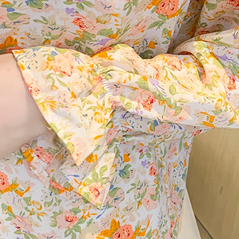 Áo chiffon dáng rộng tay dài họa tiết hoa thời trang dịu dàng cho nữ viền ren cổ