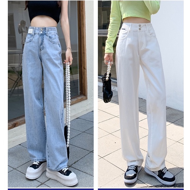 Quần Bò Ống Suông Rộng Nữ BASIC Lưng Cao 2 Cúc Dáng Baggy Suông Cá Tính mã 2C-01