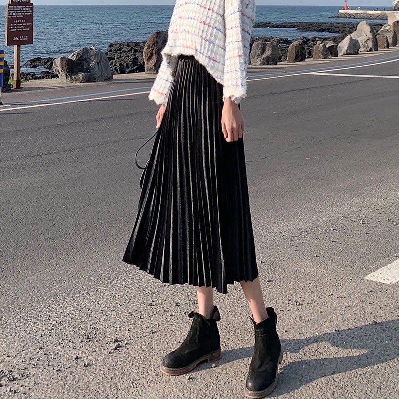 Chân váy dập li Hàn cạp chun dáng dài 70cm Basic Dễ Mix Đồ