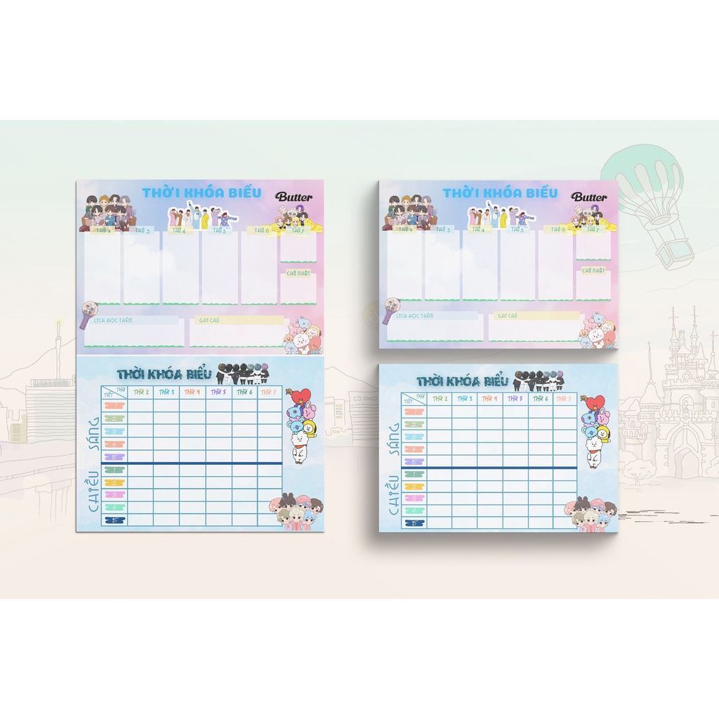 Set 2 thời khóa biểu - timetable BTS, khủng long, nàng tiên cá, Avenger giấy decan dễ thương kích thước A5