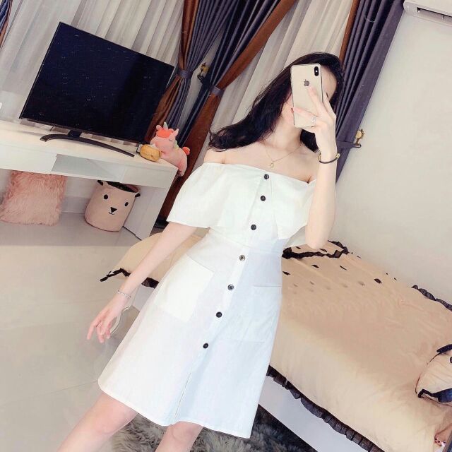 Đầm trễ vai màu trắng, đầm maxi trắng trễ vai, đầm trắng dáng dài