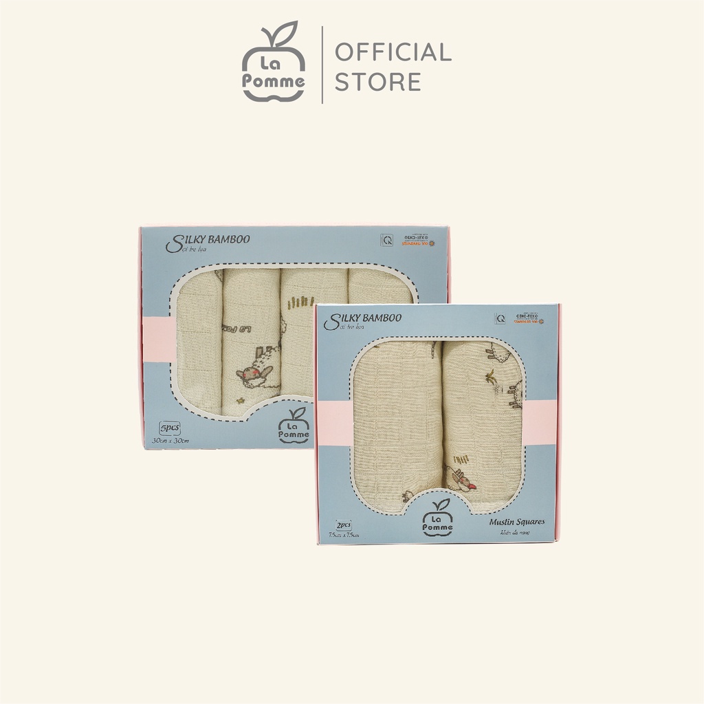 Combo 2 K001 Set 5 Khăn sữa (30x30cm) + K002 Set 2 Khăn đa năng sợi tre lụa La Pomme (75x75cm) -  Nude Sheep