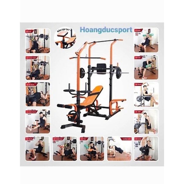 Ghế tập tạ đa năng hoangducsport 6868 có xà đơn xà kép kèm đòn tạ 1.5m và 50kg tạ nhựa