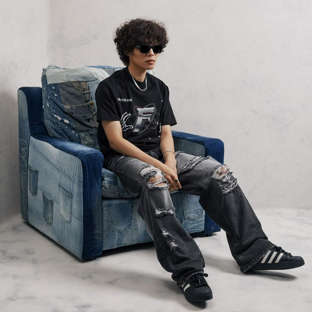 Quần jean nam streetwear cao cấp FNOS ERG6 màu xanh, dáng rộng, chất liệu không co giãn