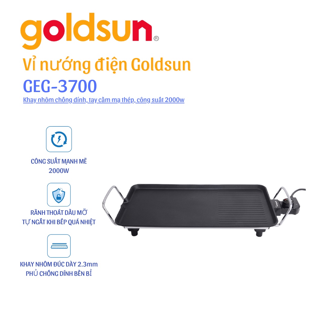 [Mã BMLT300 giảm 10% đơn 499K] Vỉ nướng điện Goldsun GEG-3700 2000W Hàng chính hãng Bảo hành 12 tháng