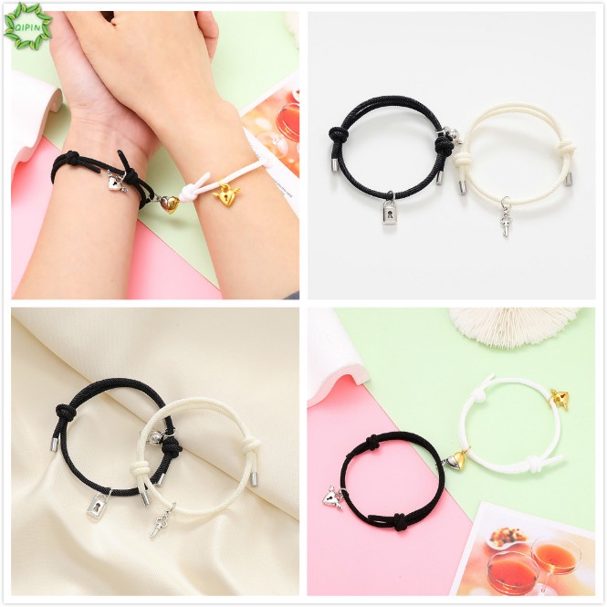 Cod Qipin 1 Pair Korean Lock & Key & Heart Shape Pendant Couple Lover Friendship Magnet Bracelet Jewelry