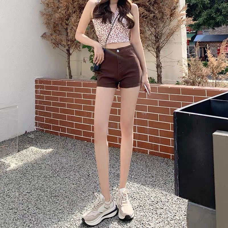 Quần denim ngắn siêu ôm dáng lưng cao màu nâu thời trang 2022 mùa hè cho nữ