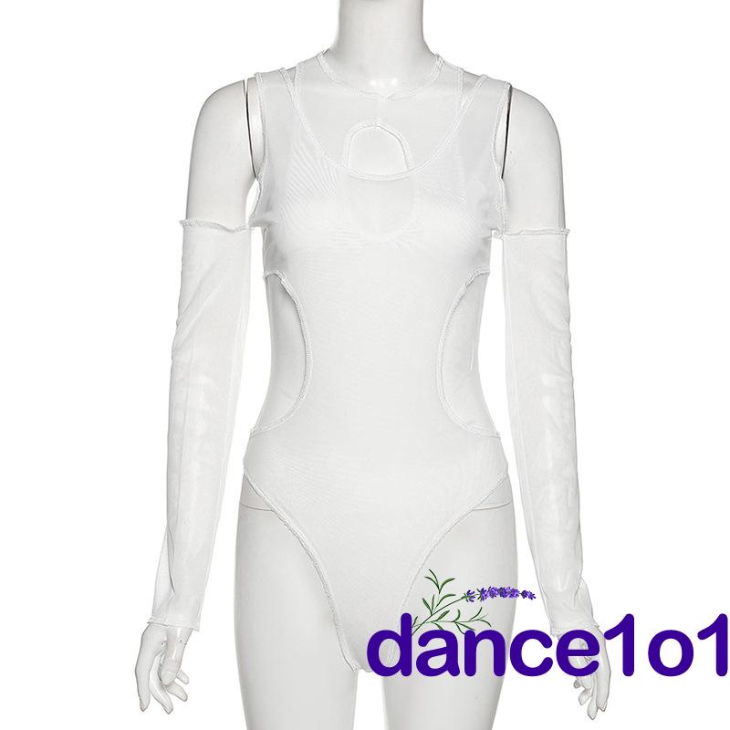 ✦UU❃Women´s Pure Color Hollow Out Patchwork Round Neck Skinny Bodysuit